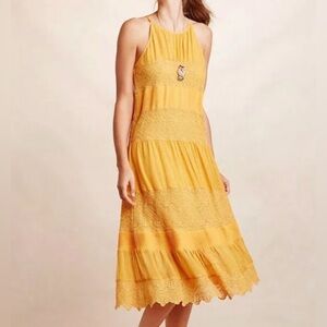 Anthropologie HD in Paris Yellow Mixed Material Lace Midi Dress